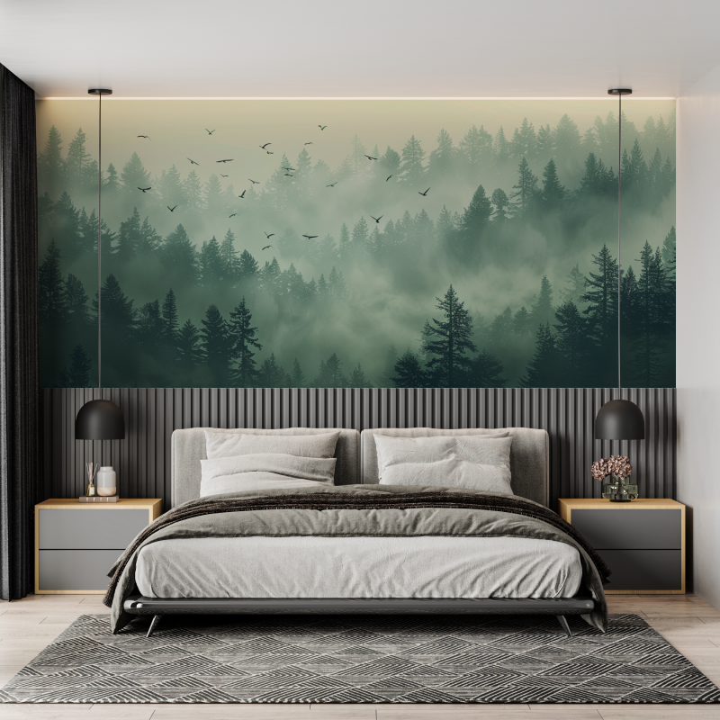 Papier peint brume matinale foret mural adulte