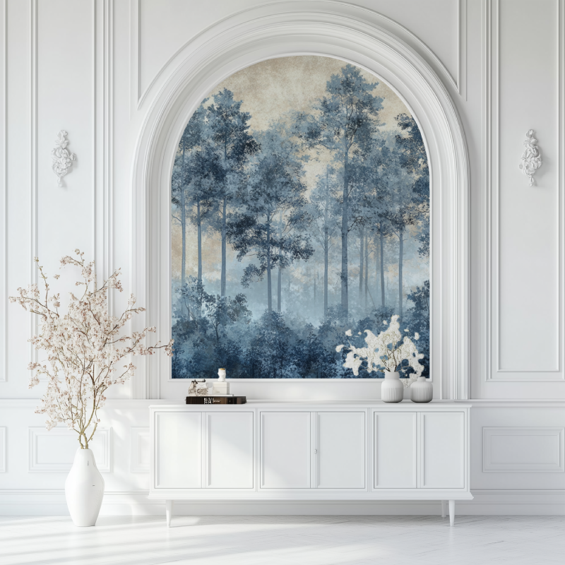 Papier peint vintage foret salon blanc