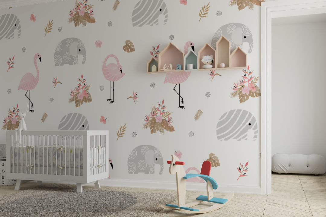 Papier peint bébé Flamant rose blanc - chabre bébé