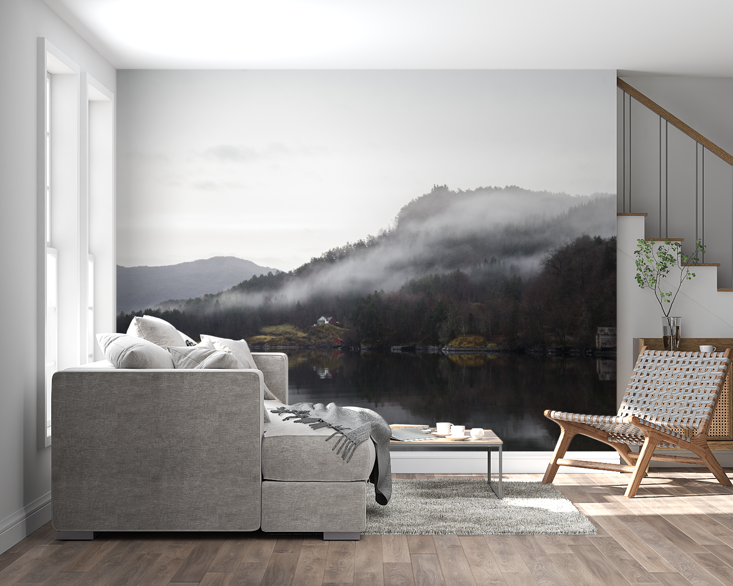 Papier peint aquarelle lac panoramique mural