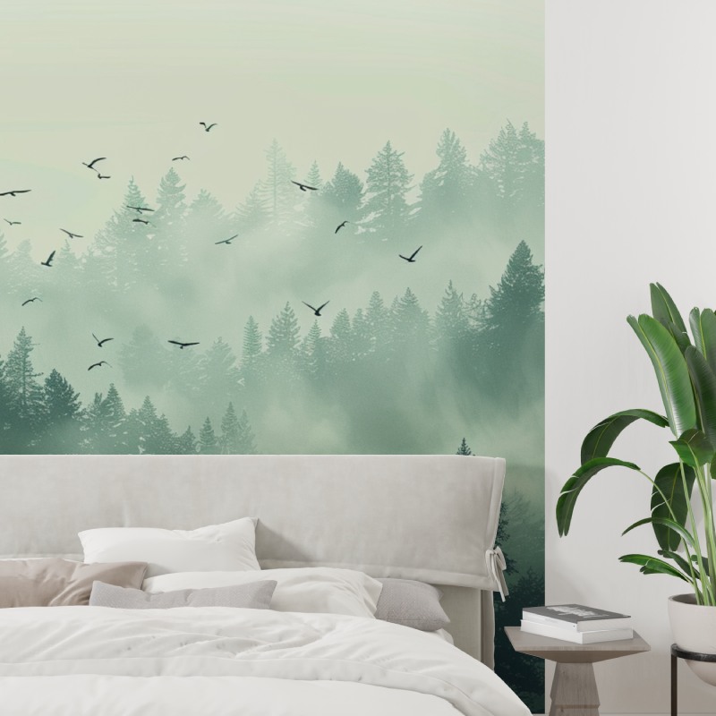 Papier peint brume matinale foret tapisserie tendance