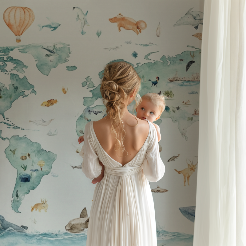 Papier peint carte du monde animaux bb123