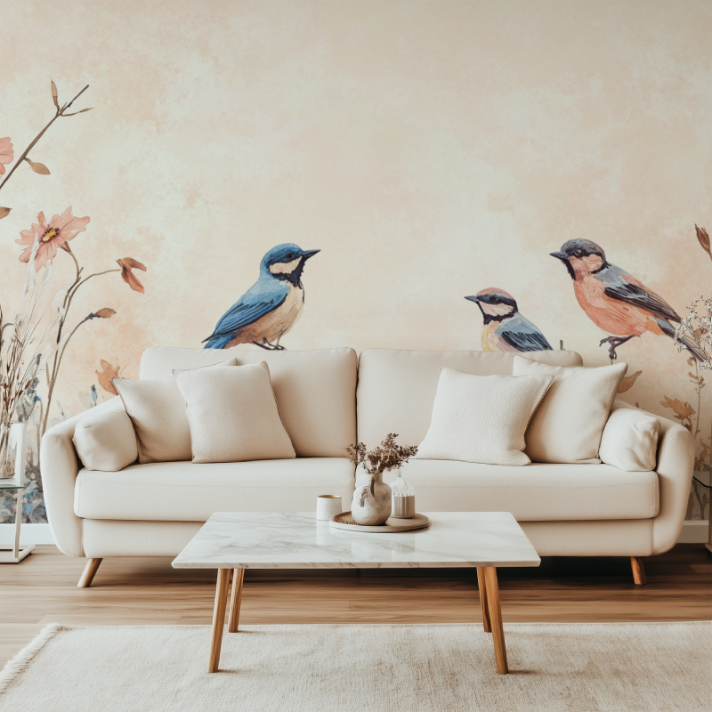 Papier peint vintage fleurs oiseaux canape simple