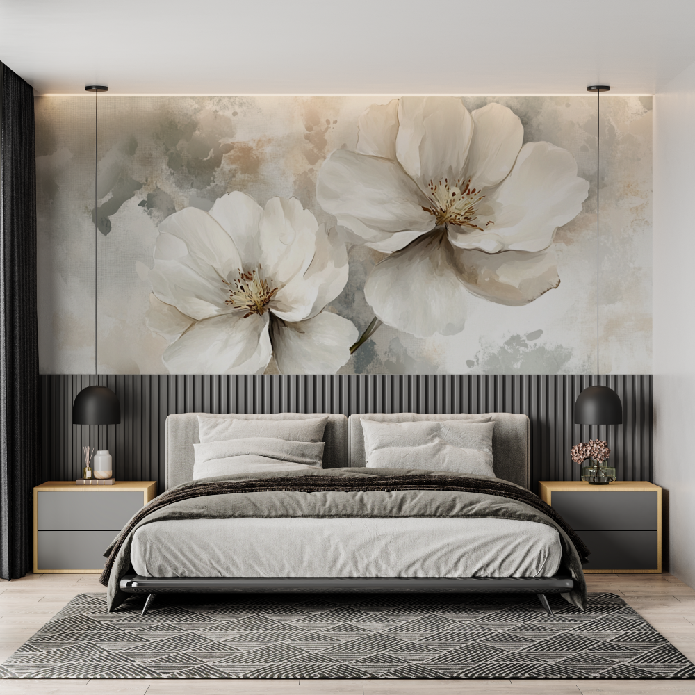 Papier peint aquarelle grande fleur blanche chambre adulte