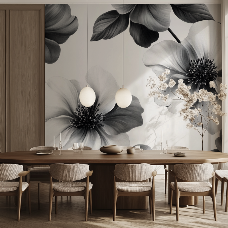 Papier peint fleur noir dessinee salle manger tendance