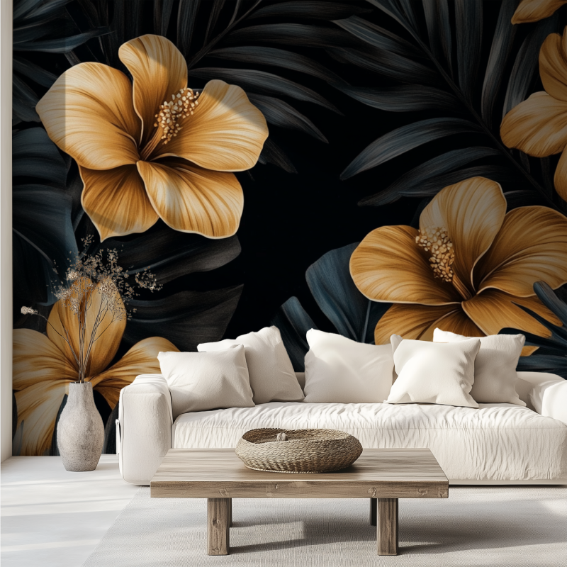 Papier peint fleur de palmier dorees canape tendance