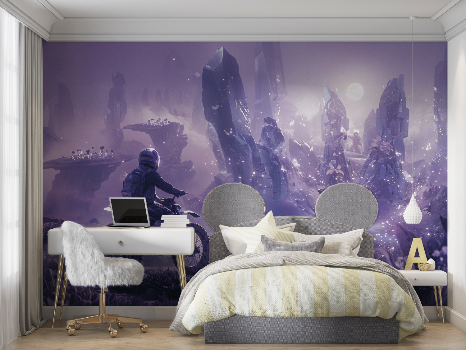 Papier peint garcon moto violet mur chambre panoramique