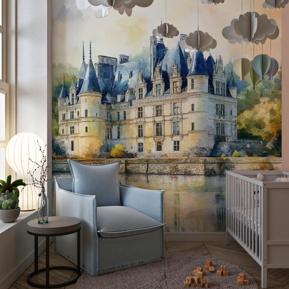 Papier peint chateau aquarelle chambre de fille