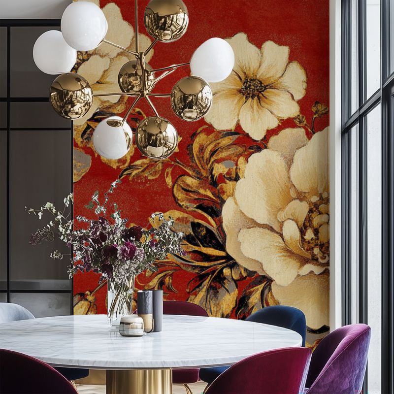 Papier peint vintage rouge salon chaise