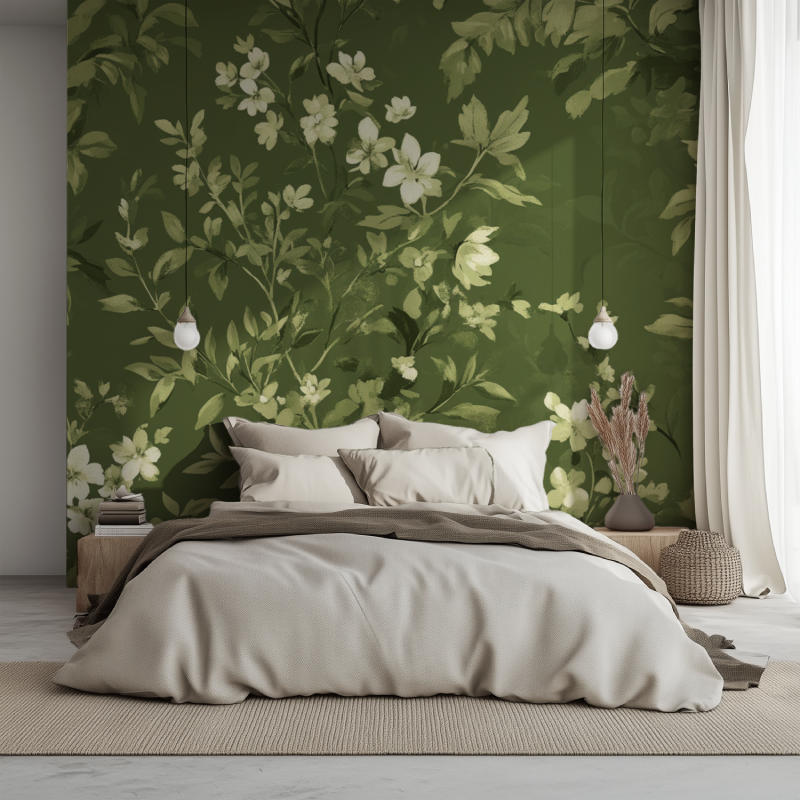 Papier peint vintage floral vert lit 1234