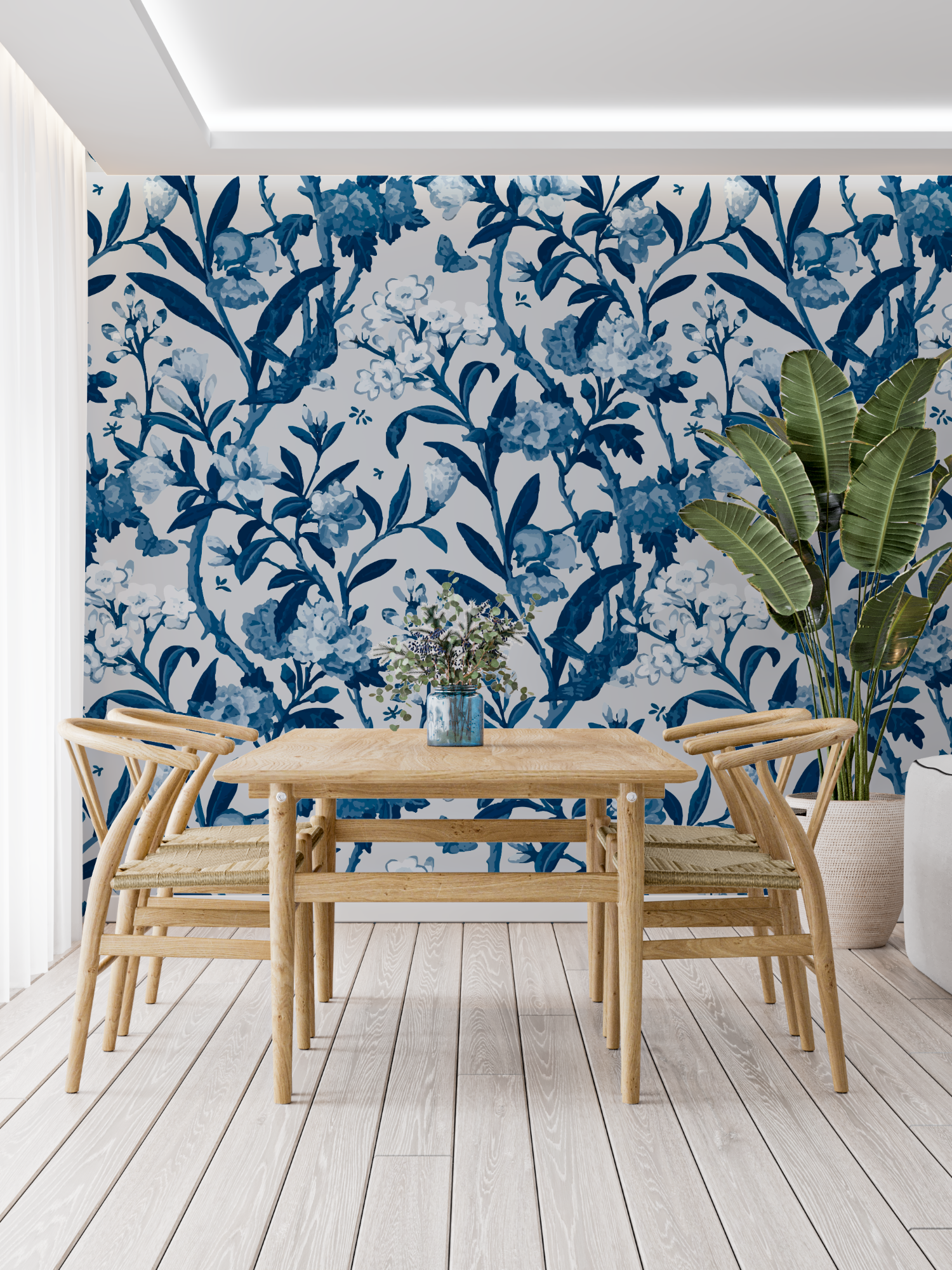 Papier Peint Toile De Jouy Fleurs Bleu - panoramique tendance