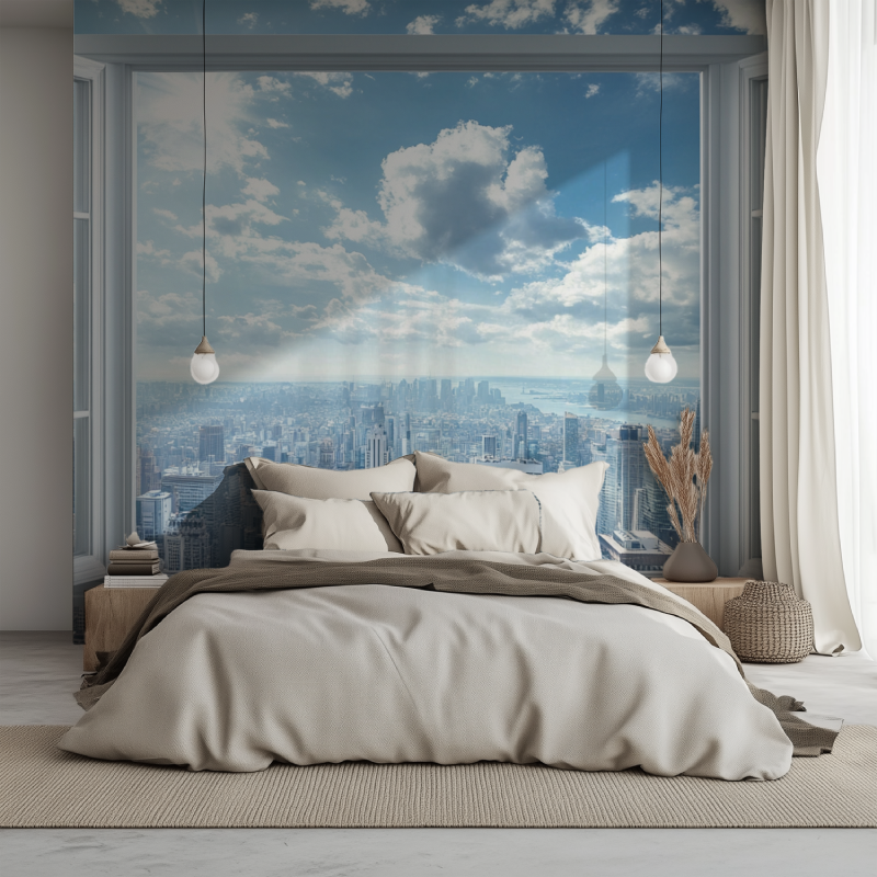 Papier peint trompe loeil fenetre ouverte lit 1234