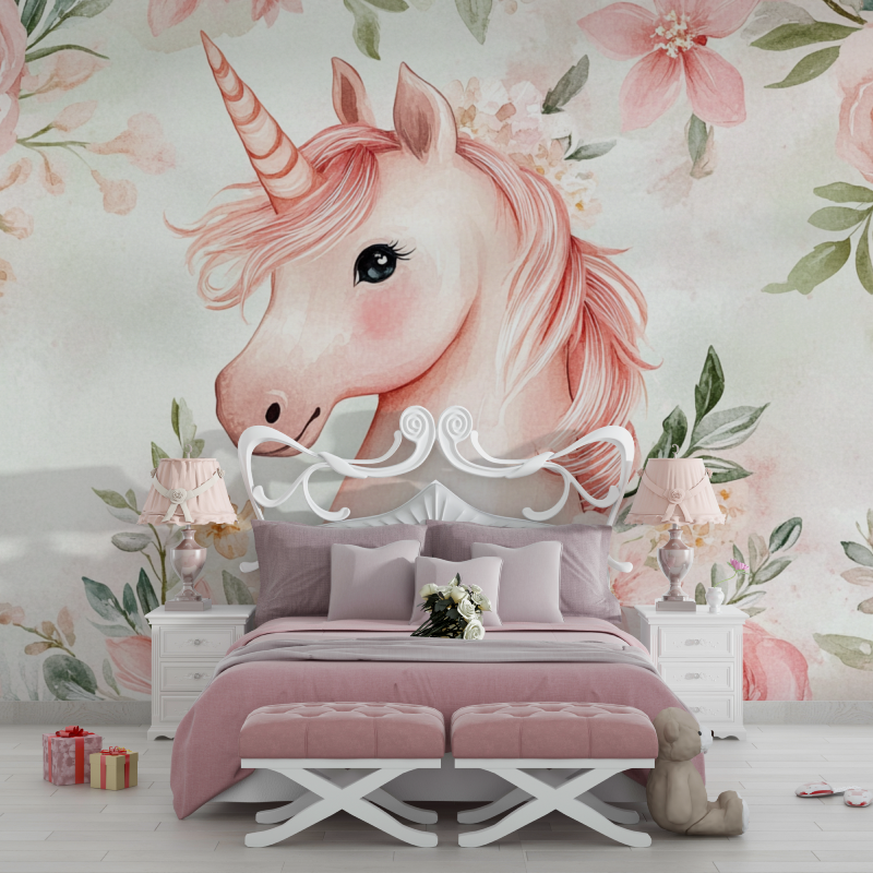 Papier peint licorne fleurs delicates chambre filles