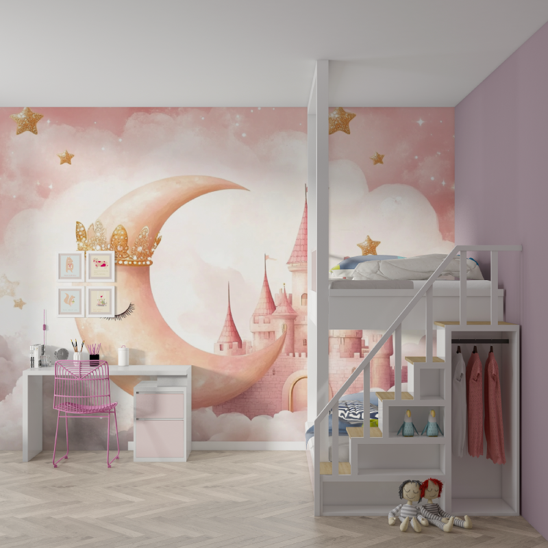 Papier peint princesse lune couronnee mur chambre fille
