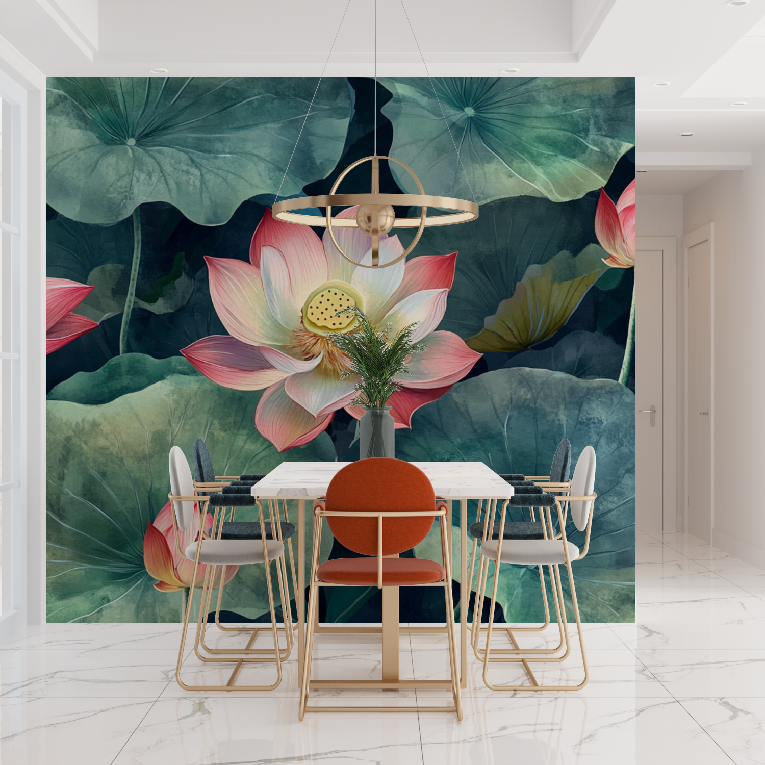 Papier peint aquarelle lotus et feuilles vertes tendances