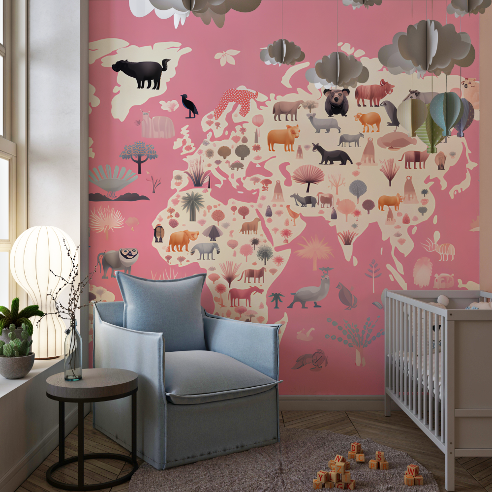 Papier peint carte du monde ani...fant rose chambre de fille