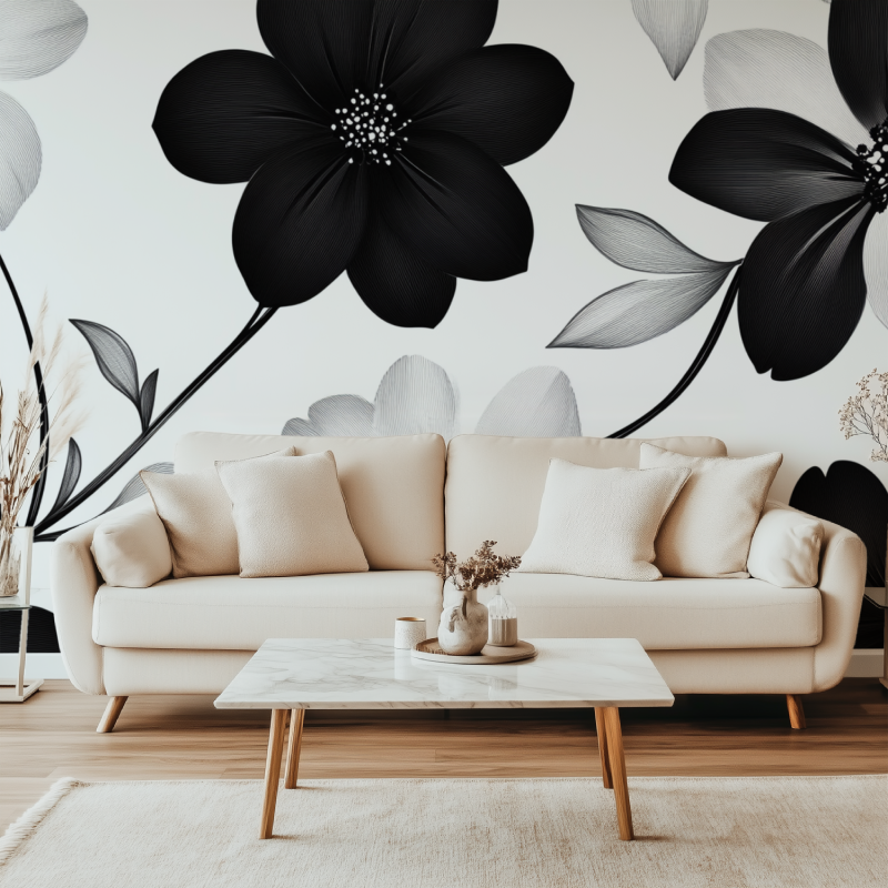 Papier peint fleur noir et blanc canape simple
