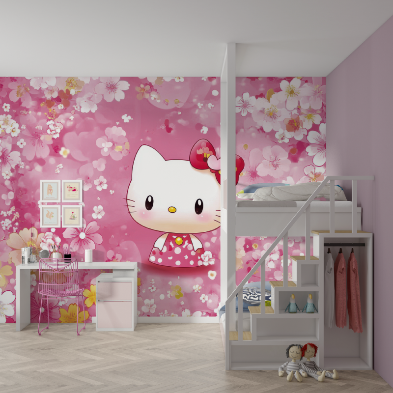 Papier peint hello kitty fleurs rose mur chambre fille
