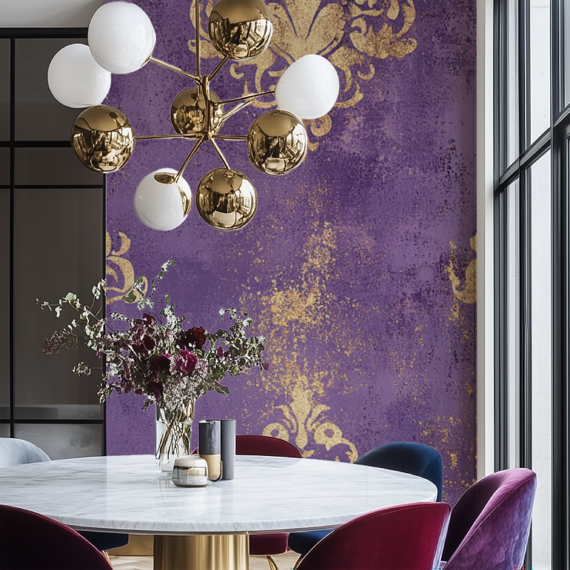 Papier peint vintage violet salon chaise