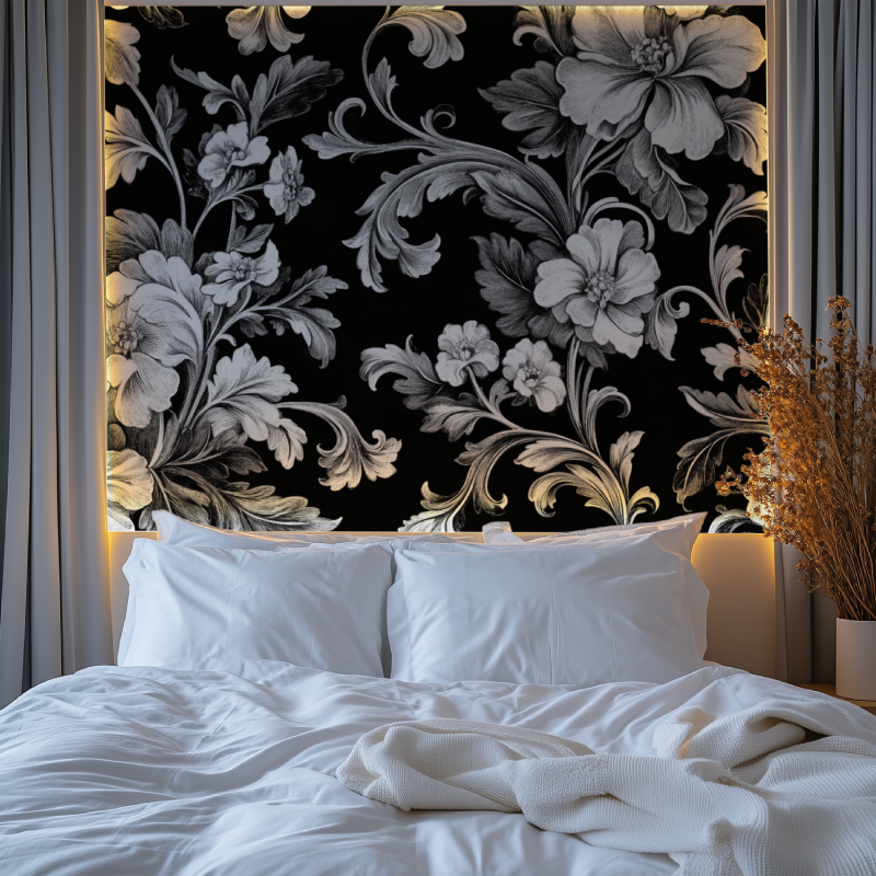 Papier peint fleur vintage noir blanc gris chambre tendanc