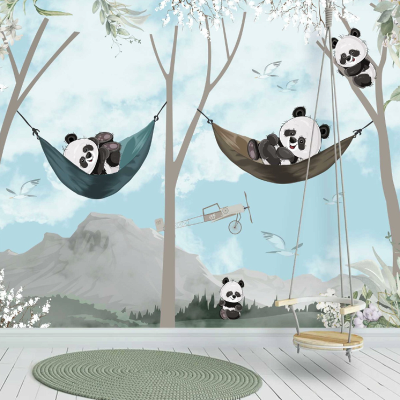 Tapeta ze zwierzętami <br/> Panoramiczna niebieska panda i hamak
