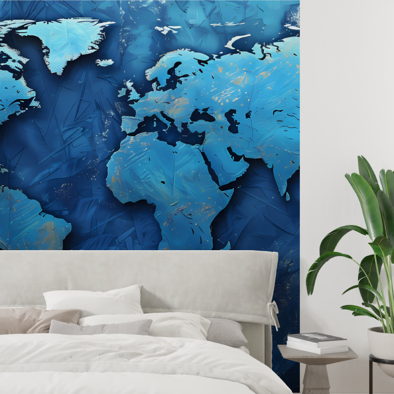 Papier peint carte du monde bleu foncee tapisserie tendance