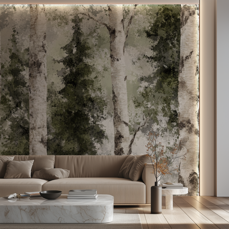 Papier peint arbre bouleau canape neon