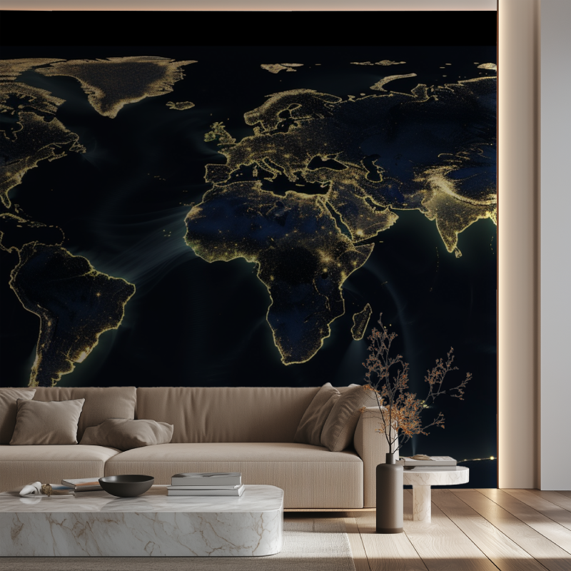 Papier peint carte du monde bleu et dore canape neon