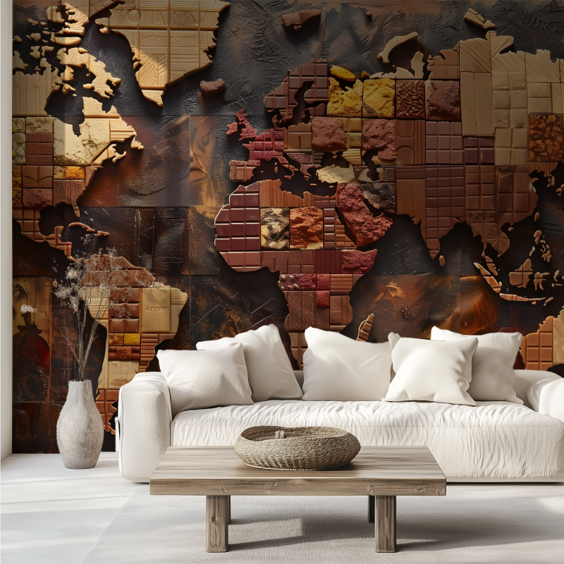 Papier peint carte du monde bois abstrait canape tendance