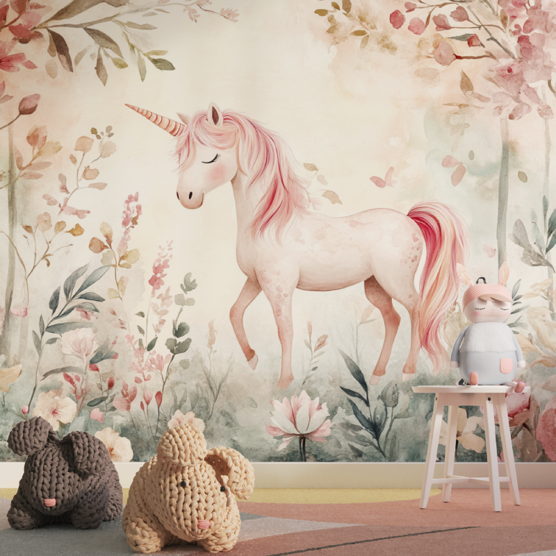 Papier peint licorne foret ball...rose tapisserie pour fille