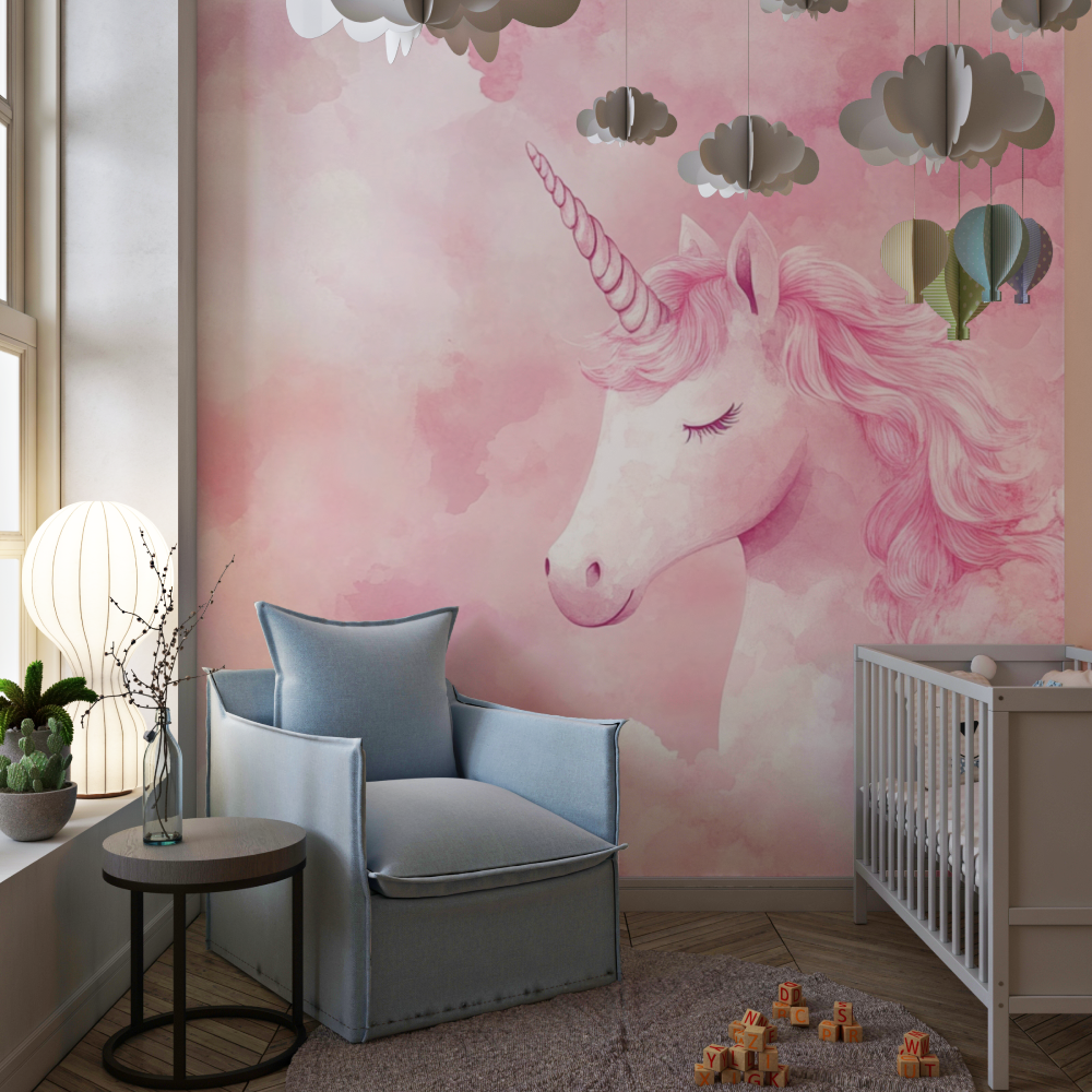 Papier peint tapisserie licorne...ges roses chambre de fille