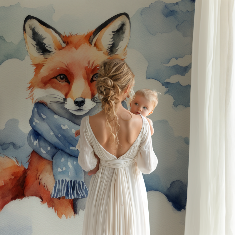 Papier peint renard pastel bleu bb123