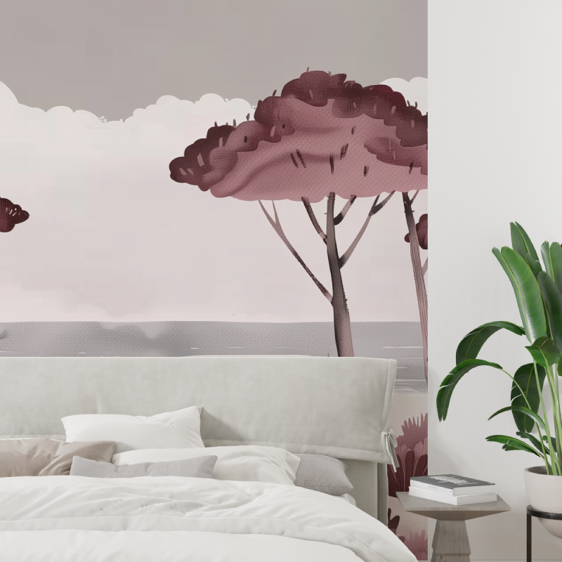 Papier peint panoramique paysage rose tapisserie tendance