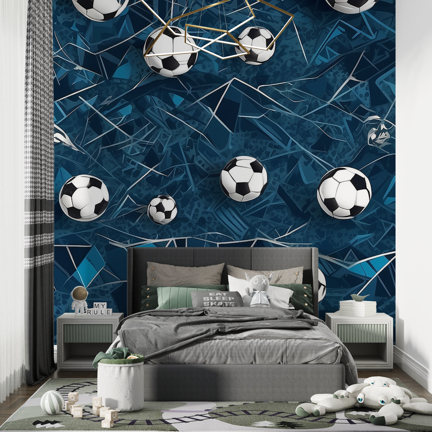 Papiers peint bleu ballon de foot chambre de garcon