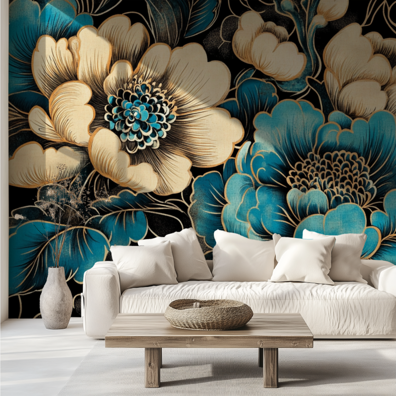 Papier peint fleur chinoises no... turquoise canape tendance