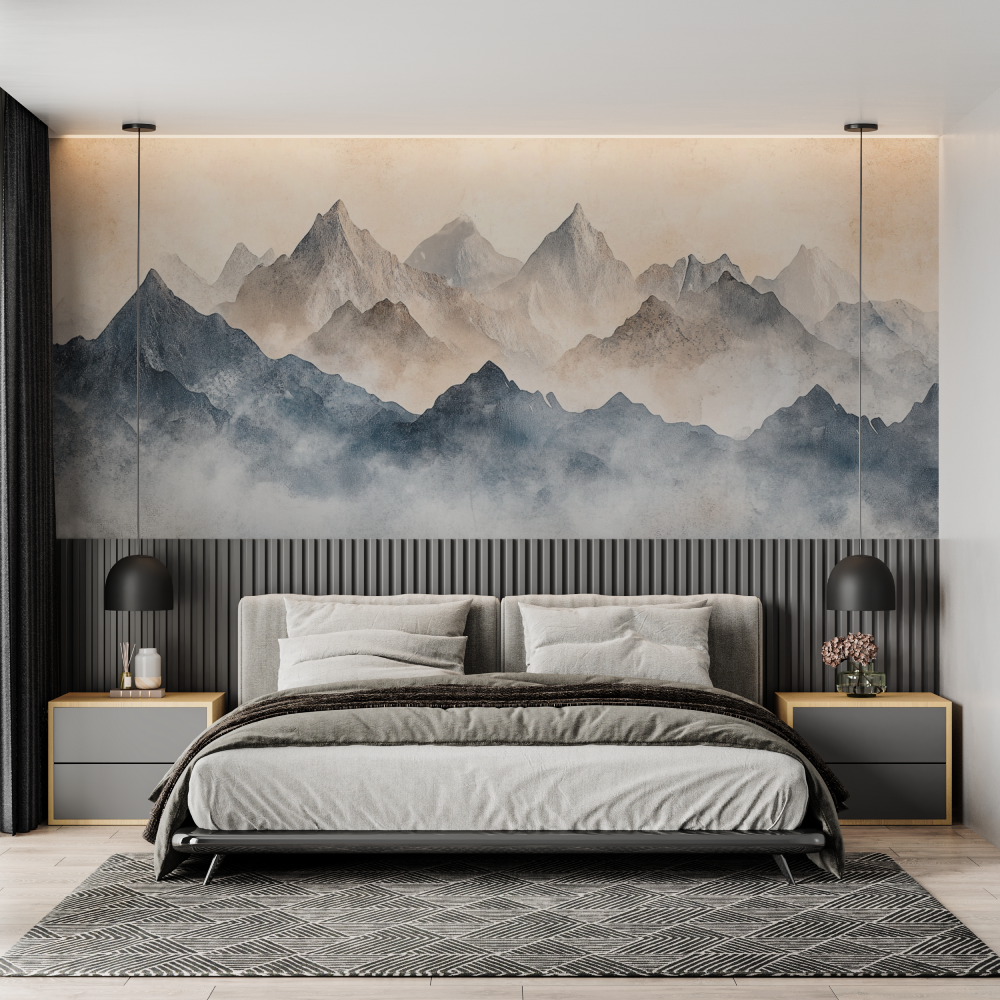 Papier peint aquarelle paysage montagne douce chambre adulte