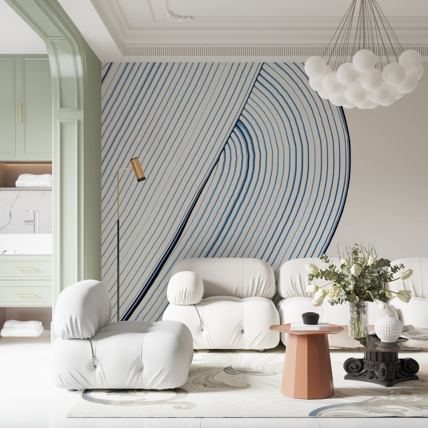 Papier peint aquarelle lignes bleu contemporain