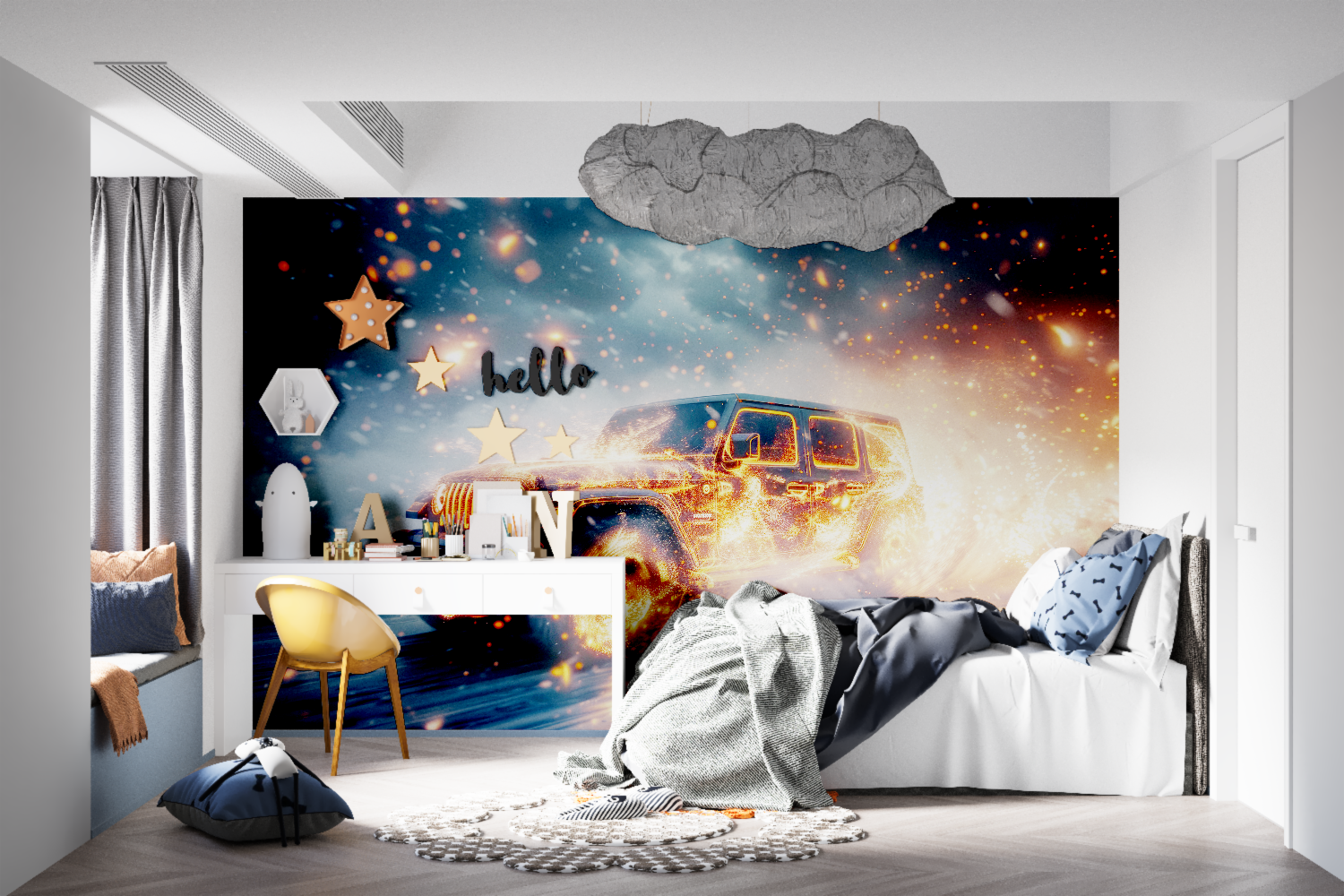 Papier peint voiture en feu tapisseries murale