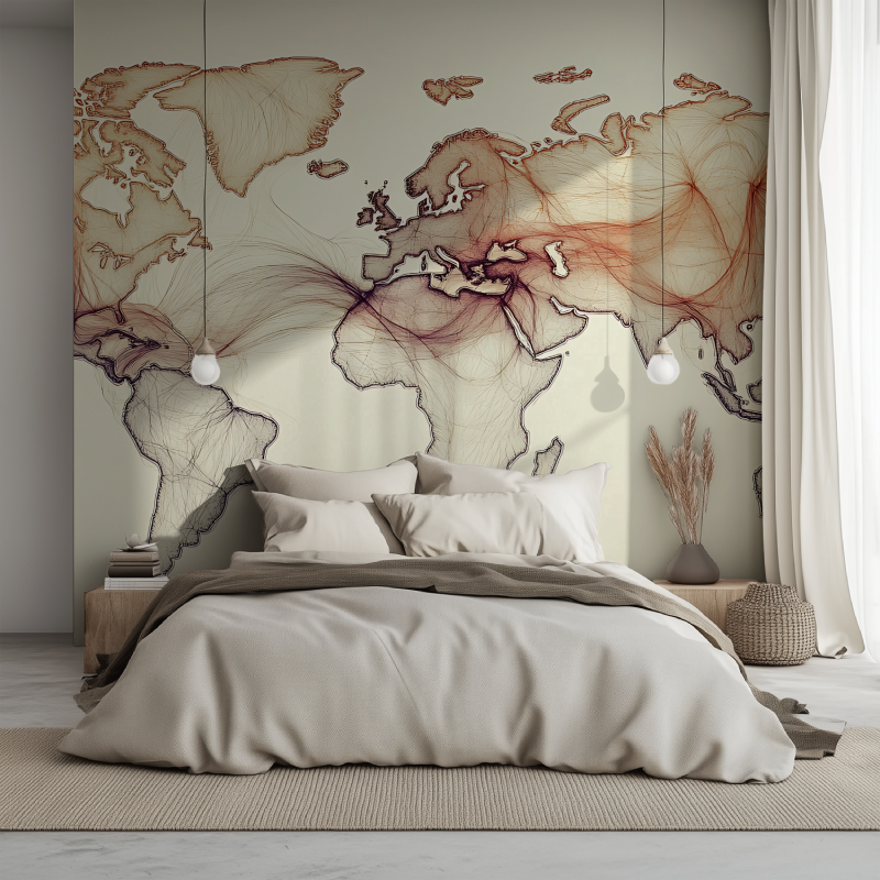 Papier peint carte du monde chambre lit 1234