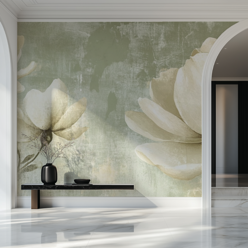 Papier peint fleurs vintage vert salon beau