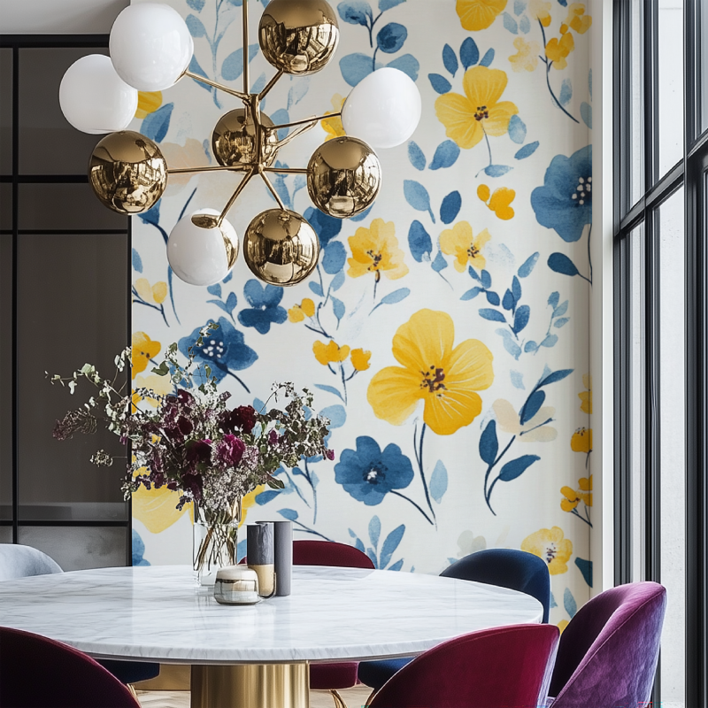 Papier peint motif scandinave vintage fleuries salon chaise