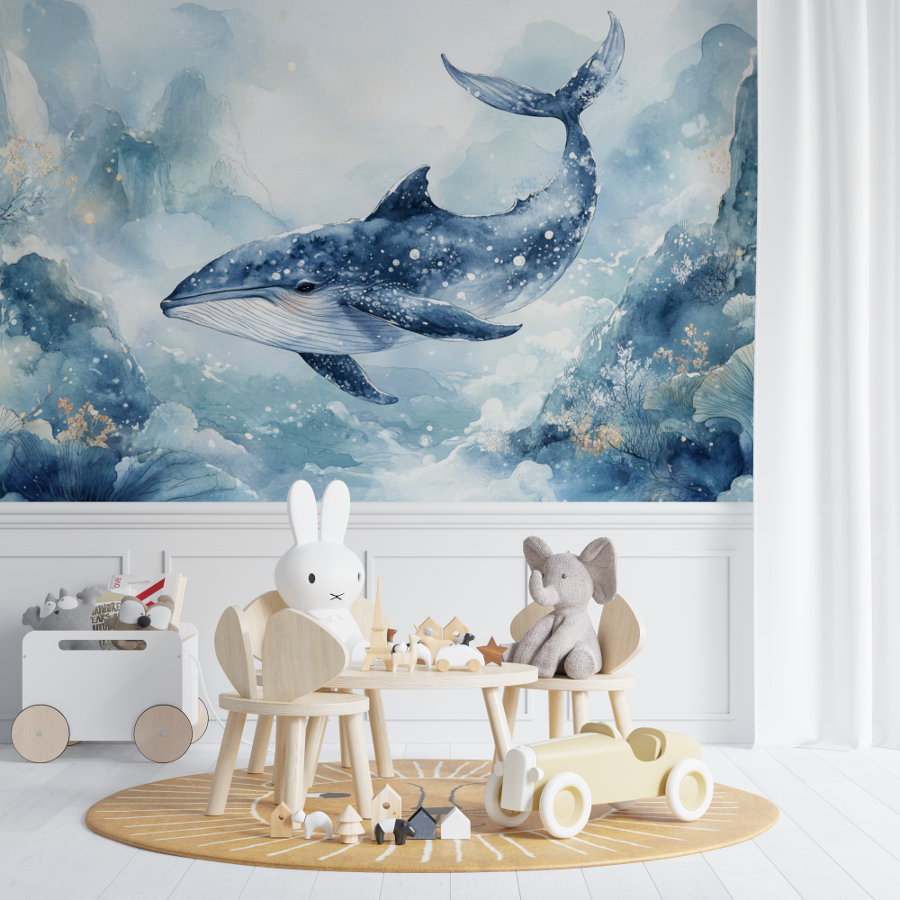 Papier peint baleine aquarelle chambre de bebe