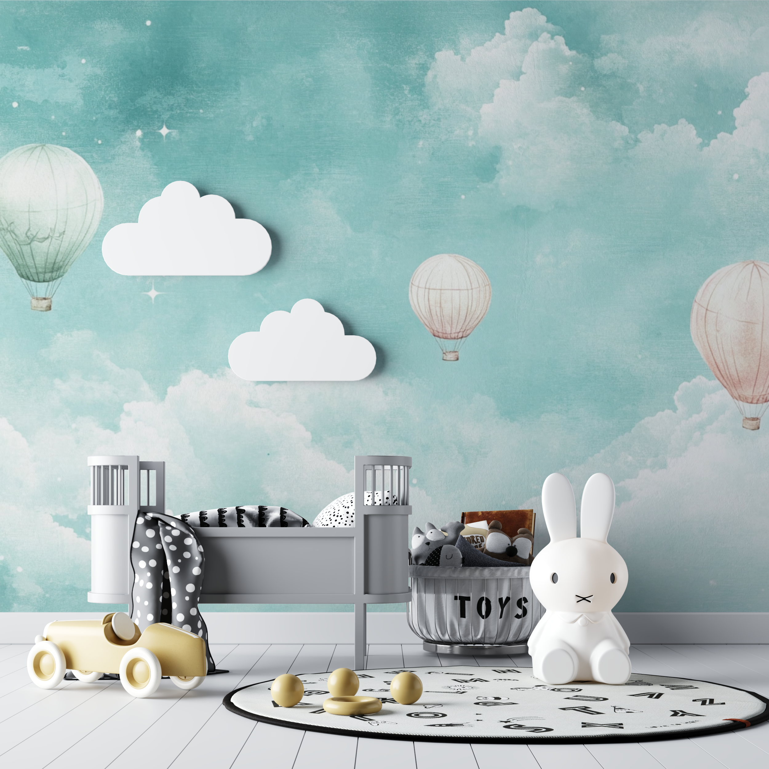 Papier peint montgolfiere et paysages marins bebe tipi