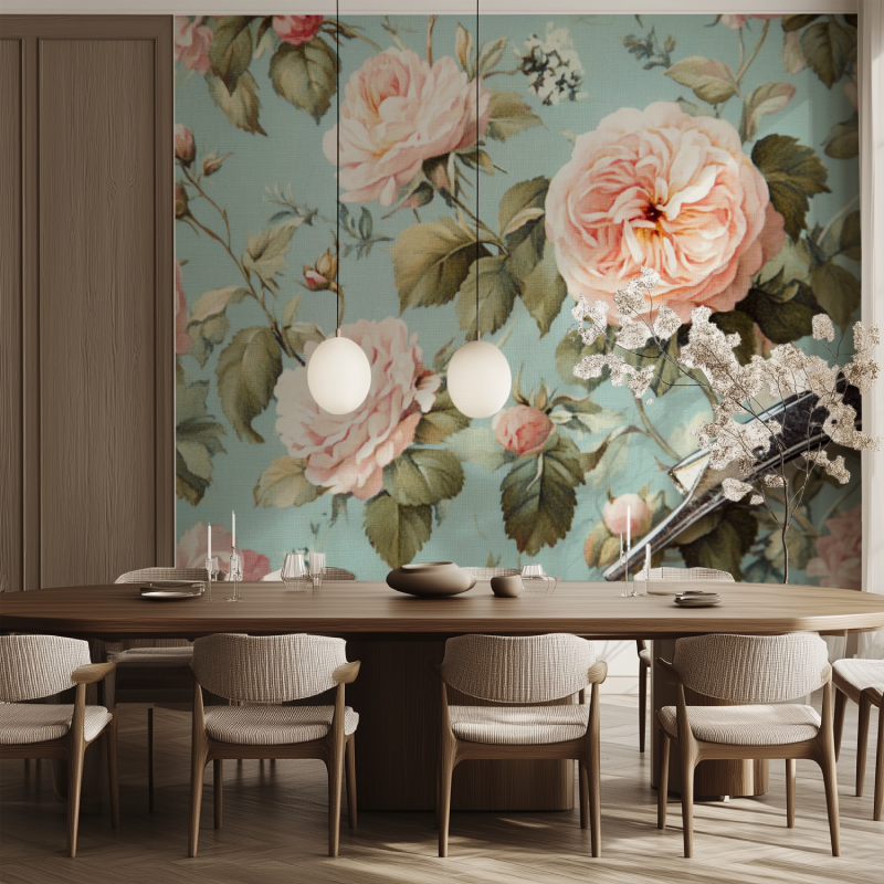 Papier peint vintage fleuries salle manger tendance