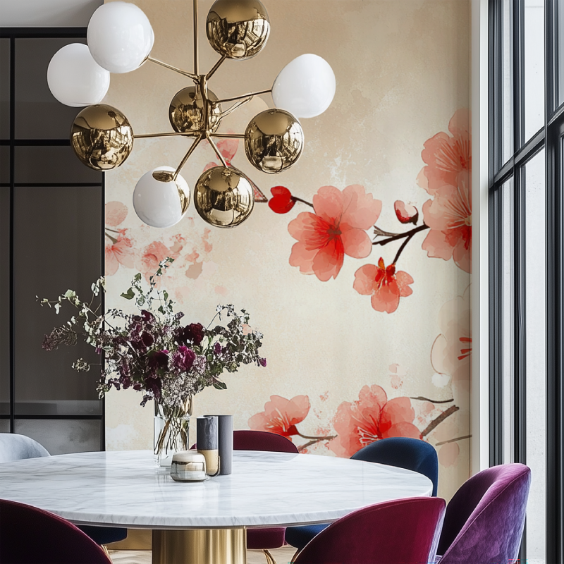 Papier peint fleur japon salon chaise