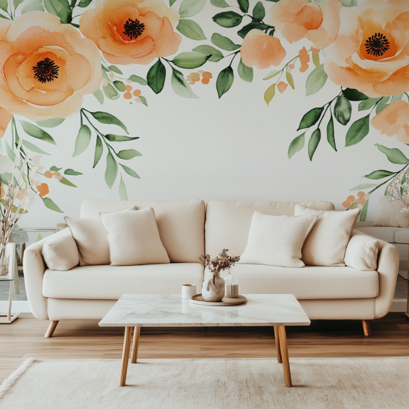 Papier peint fleur orange canape simple