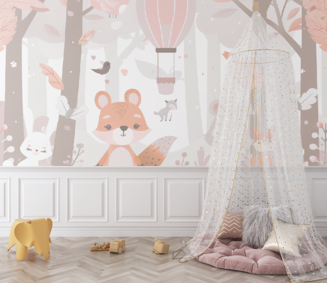 Papier peint bébé Amis de la forêt rose - bebe unisexe