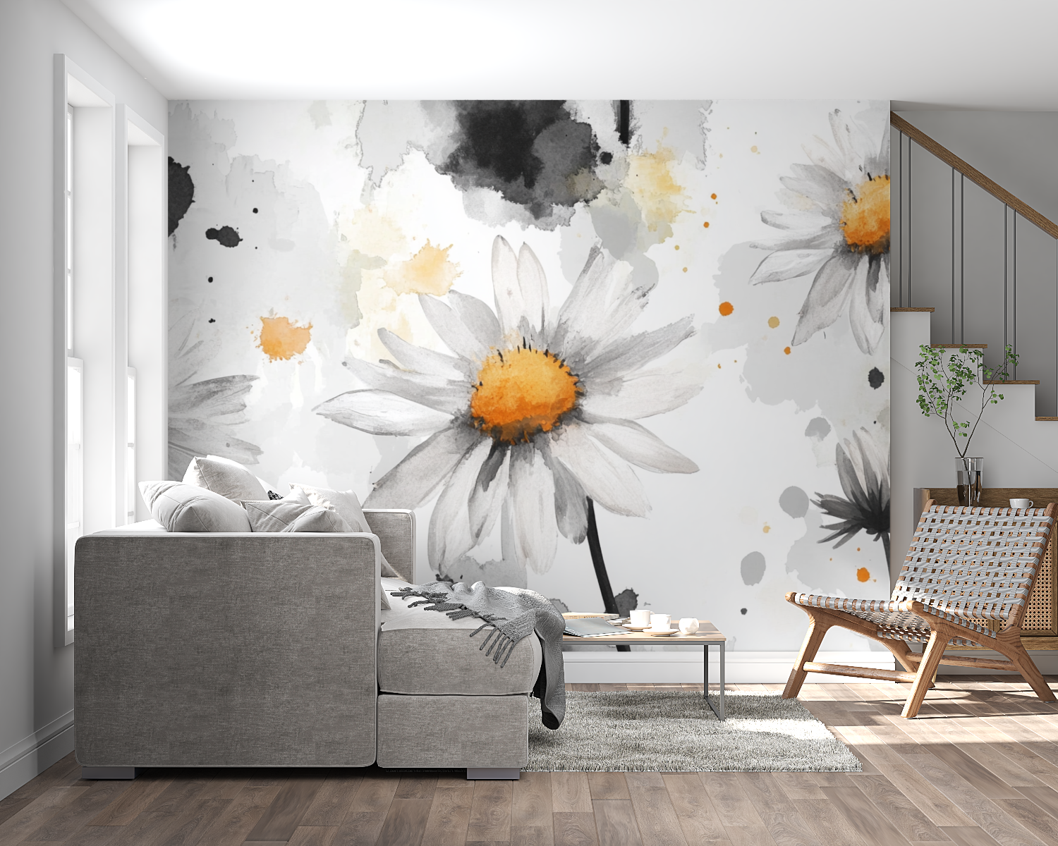 Papier peint aquarelle margueri...quissees panoramique mural