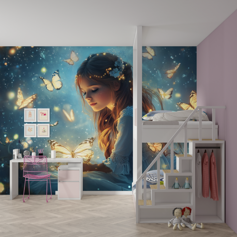 Papier peint princesse fee des papillons mur chambre fille