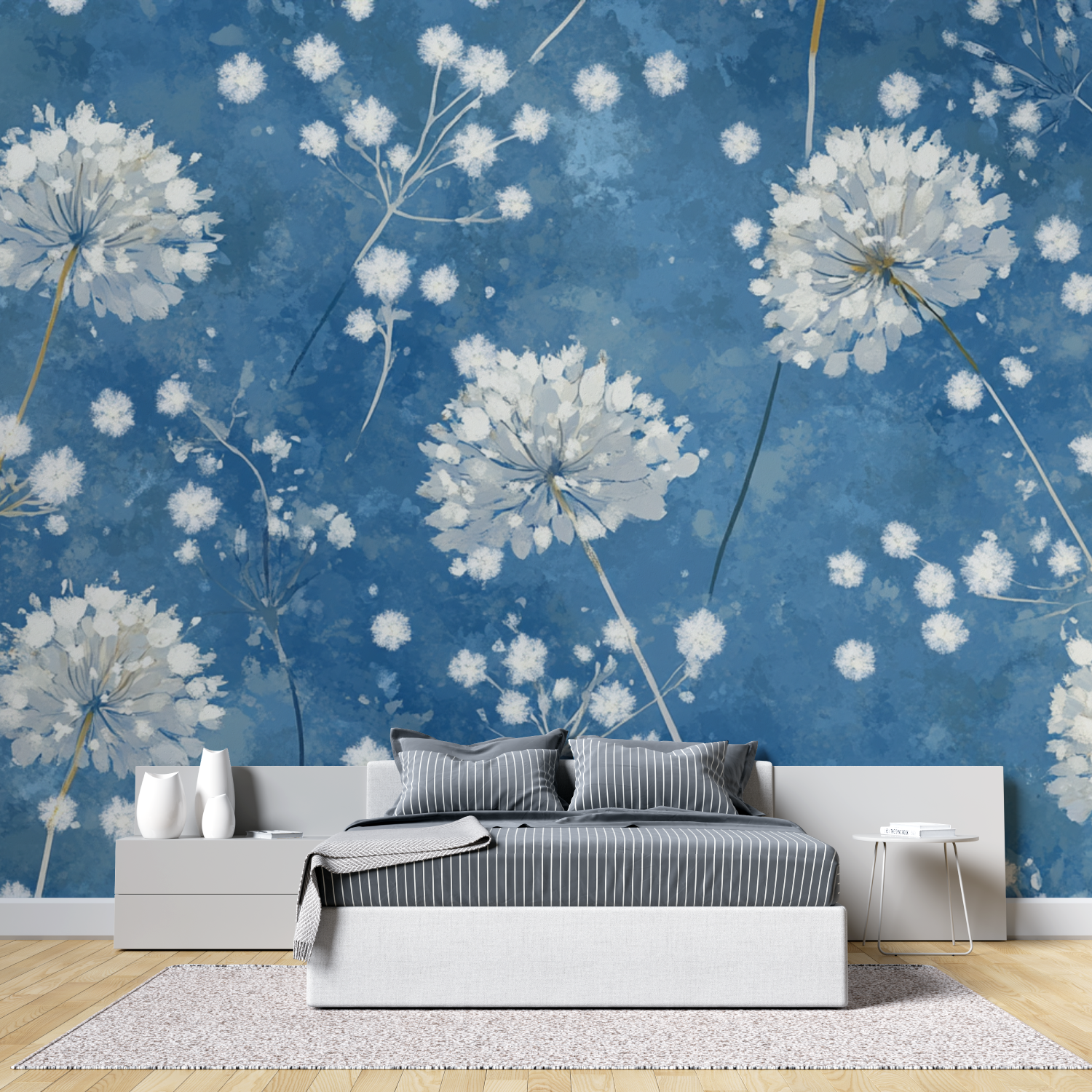 Papier peint fleur de pisselit bleu tete de lit